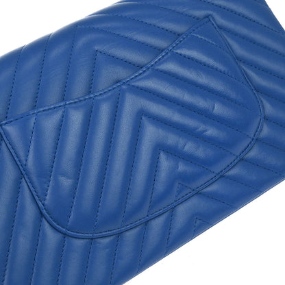 Chanel 2019 Blue Lambskin Chevron Medium Classic Double Flap Shoulder Bag