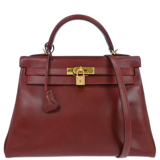 Hermes Rouge H Box Calf Kelly 32 Retourne 2way Shoulder Handbag