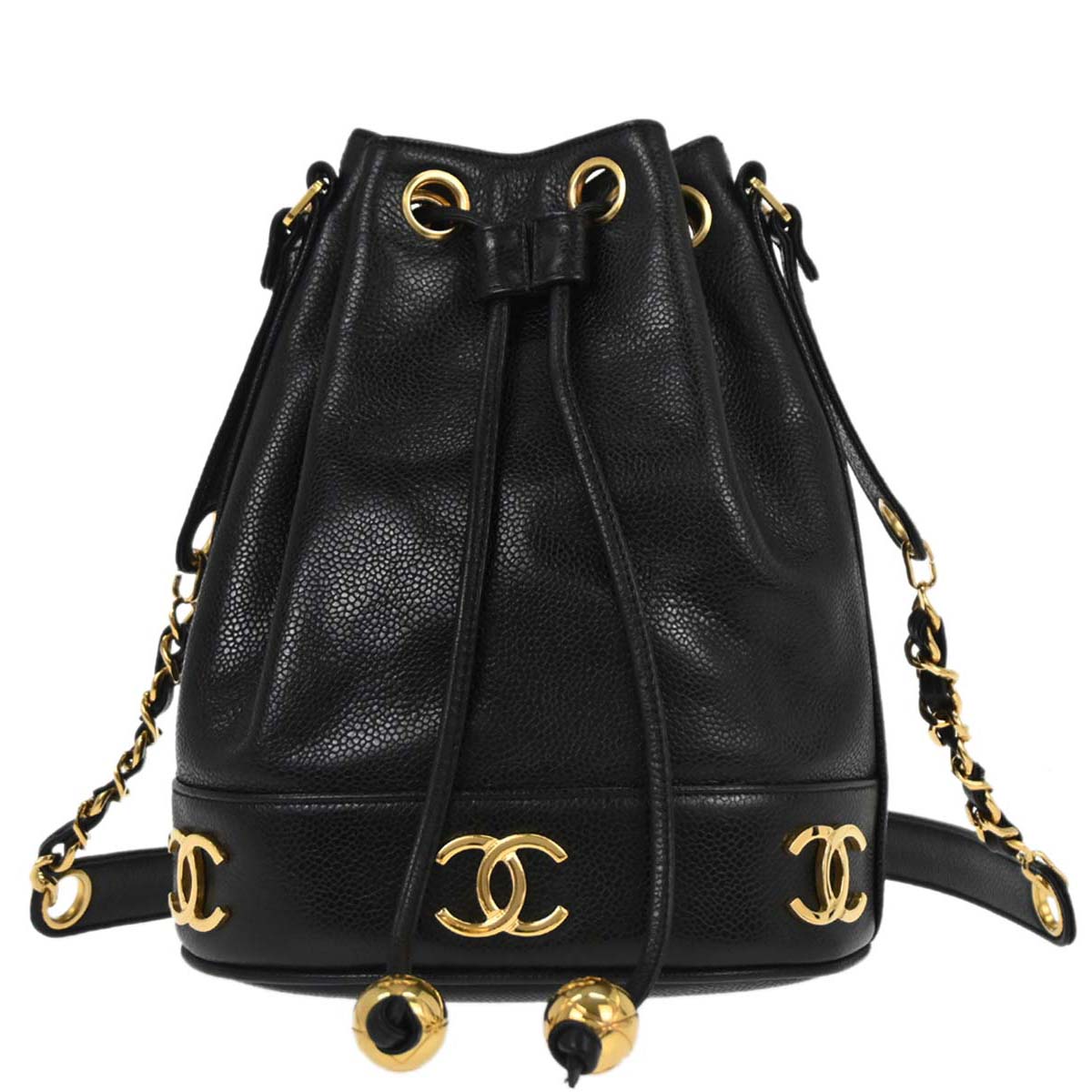 Chanel Black Caviar Skin Triple CC Drawstring Shoulder Bag
