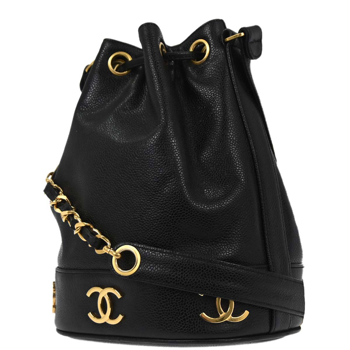 Chanel Black Caviar Skin Triple CC Drawstring Shoulder Bag