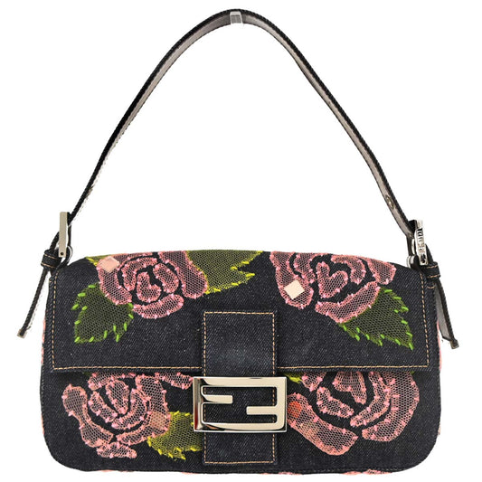 Fendi Navy Denim Floral Baguette Handbag