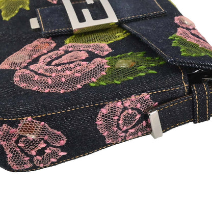 Fendi Navy Denim Floral Baguette Handbag
