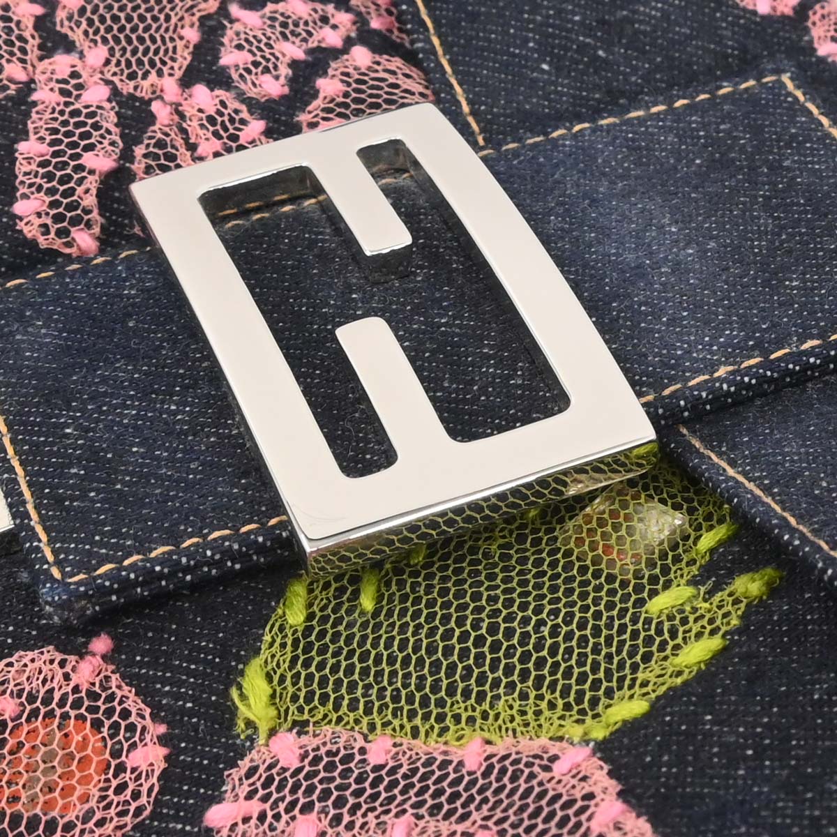 Fendi Navy Denim Floral Baguette Handbag