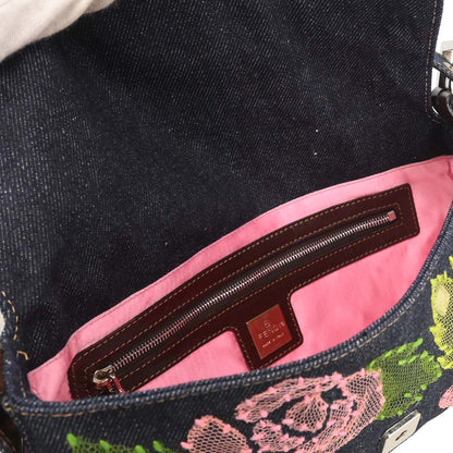 Fendi Navy Denim Floral Baguette Handbag