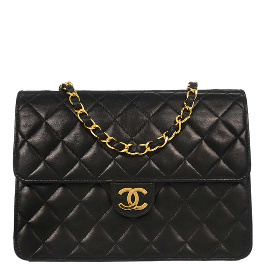 Chanel Black Lambskin Pushlock Small Half Flap Shoulder Bag