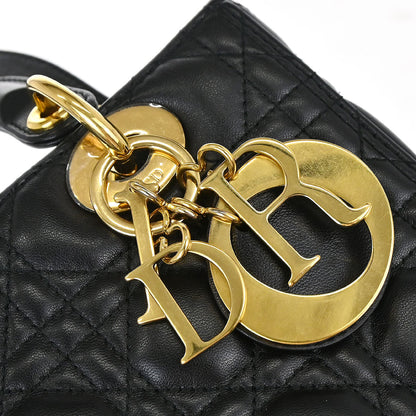 Christian Dior Black Lambskin Medium Lady Dior Cannage 2way Shoulder Handbag