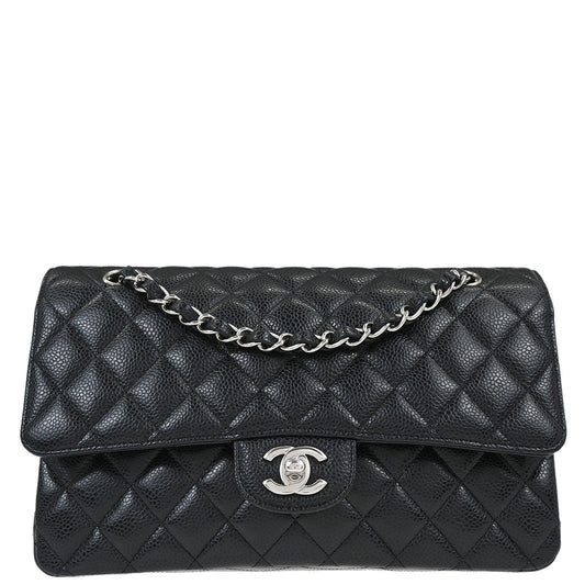 Chanel 2018 Black Caviar Skin Medium Classic Double Flap Shoulder Bag