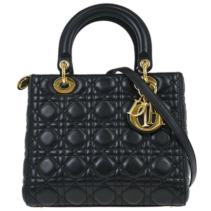Christian Dior Black Lambskin Medium Lady Dior Cannage 2way Shoulder Handbag
