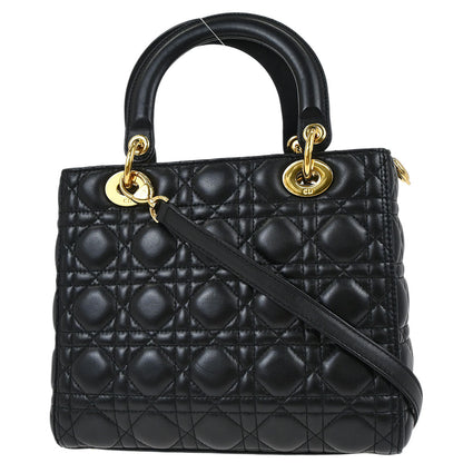 Christian Dior Black Lambskin Medium Lady Dior Cannage 2way Shoulder Handbag