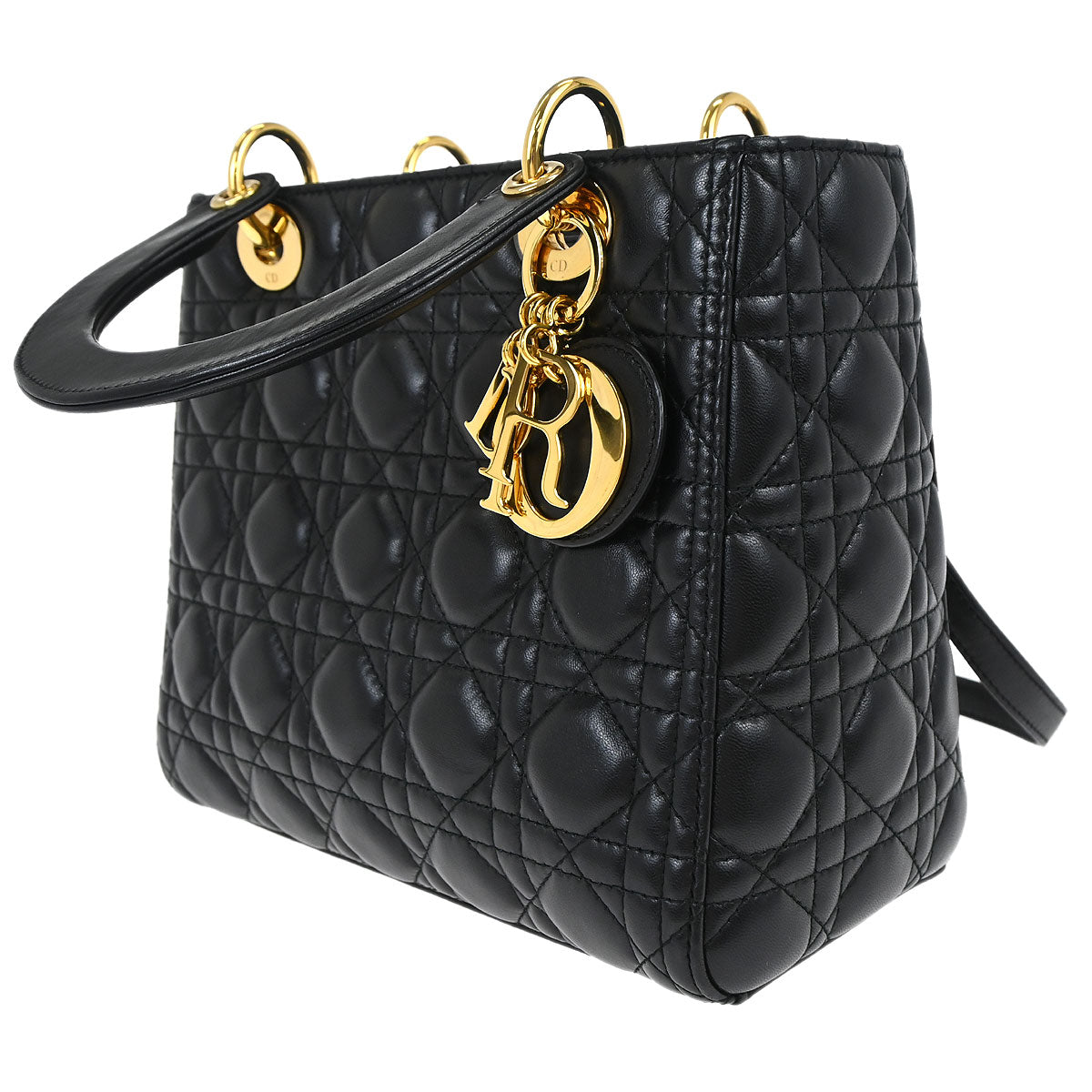 Christian Dior Black Lambskin Medium Lady Dior Cannage 2way Shoulder Handbag