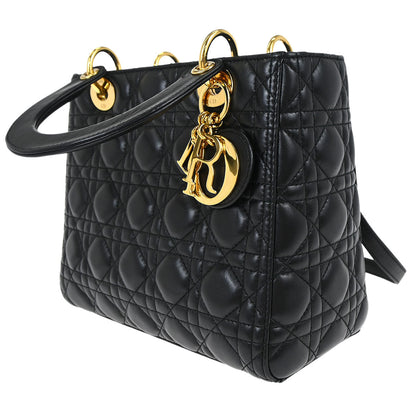 Christian Dior Black Lambskin Medium Lady Dior Cannage 2way Shoulder Handbag