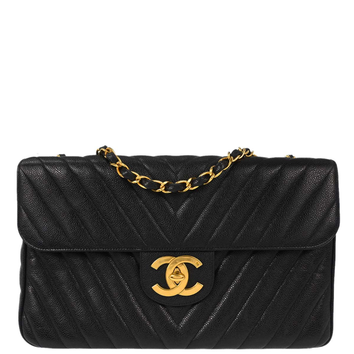 Chanel Black Caviar Skin Chevron Maxi Classic Shoulder Bag