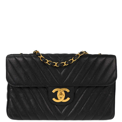 Chanel Black Caviar Skin Chevron Maxi Classic Shoulder Bag