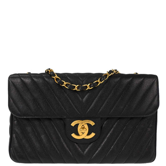 Chanel Black Caviar Skin Chevron Maxi Classic Shoulder Bag