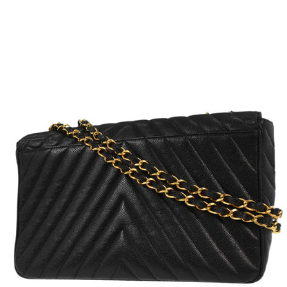 Chanel Black Caviar Skin Chevron Maxi Classic Shoulder Bag