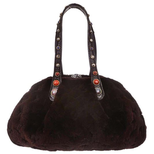 Louis Vuitton 2005 Brown Mink Fur Demi-lune Cabochons Handbag M95080