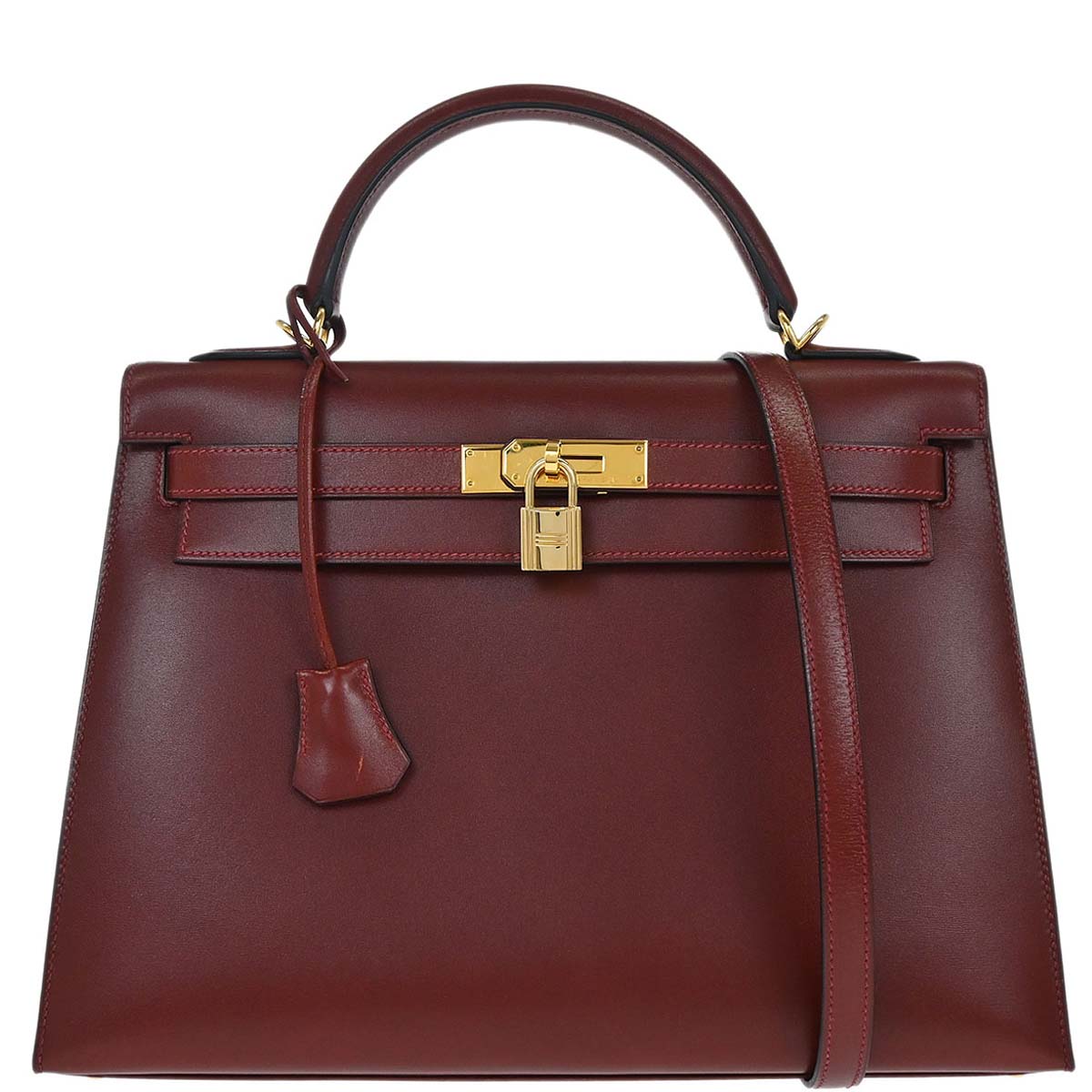 Hermes Rouge H Box Calf Kelly 32 Sellier 2way Shoulder Handbag