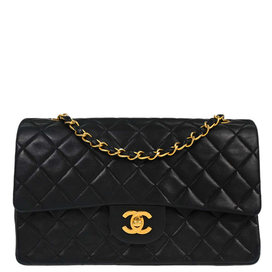 Chanel 1991-1994 Black Lambskin Medium Classic Double Flap Shoulder Bag