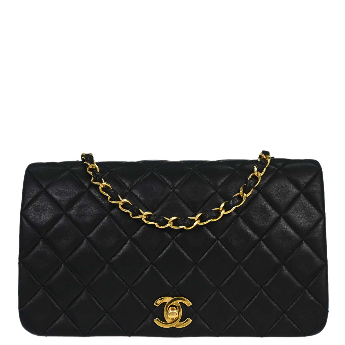 Chanel 1989-1991 Black Lambskin Turnlock Small Full Flap Shoulder Bag