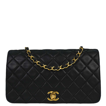 Chanel 1989-1991 Black Lambskin Turnlock Small Full Flap Shoulder Bag