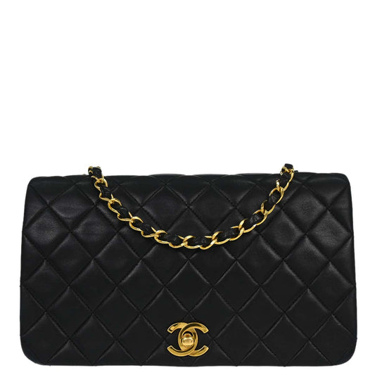 Chanel 1989-1991 Black Lambskin Turnlock Small Full Flap Shoulder Bag
