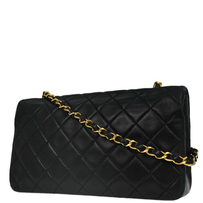 Chanel 1989-1991 Black Lambskin Turnlock Small Full Flap Shoulder Bag