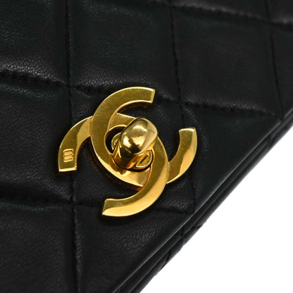 Chanel 1989-1991 Black Lambskin Turnlock Small Full Flap Shoulder Bag