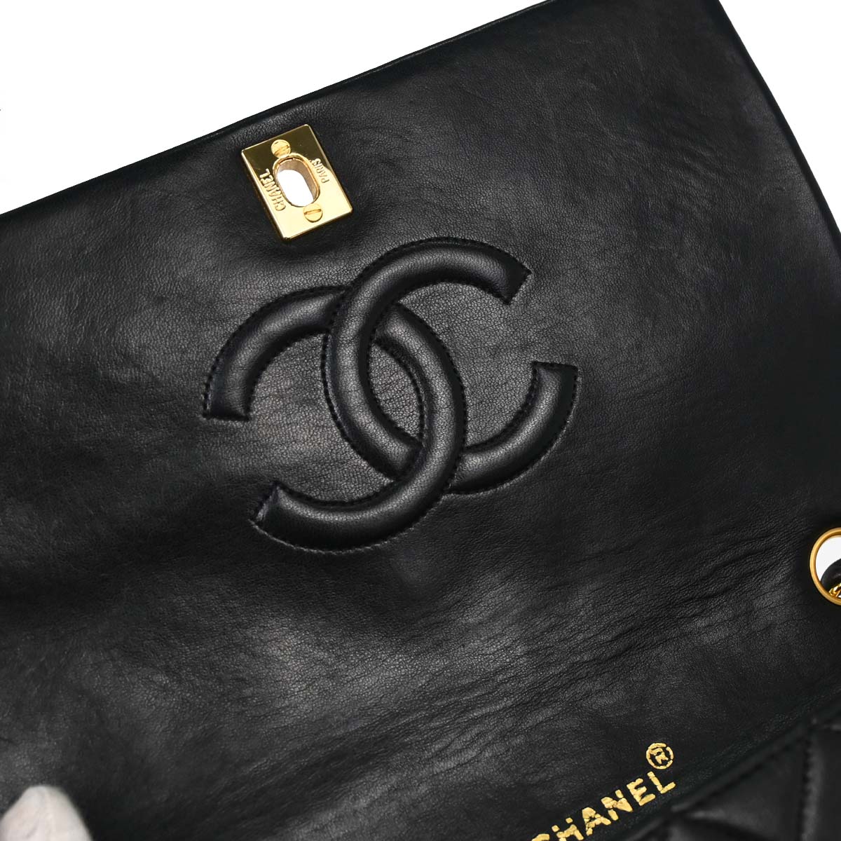 Chanel 1989-1991 Black Lambskin Turnlock Small Full Flap Shoulder Bag