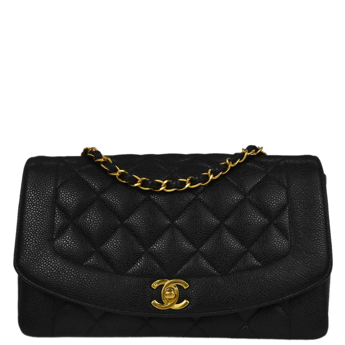 Chanel 1994-1996 Black Caviar Skin Medium Diana Shoulder Bag