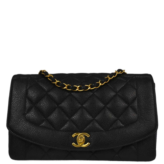 Chanel 1994-1996 Black Caviar Skin Medium Diana Shoulder Bag