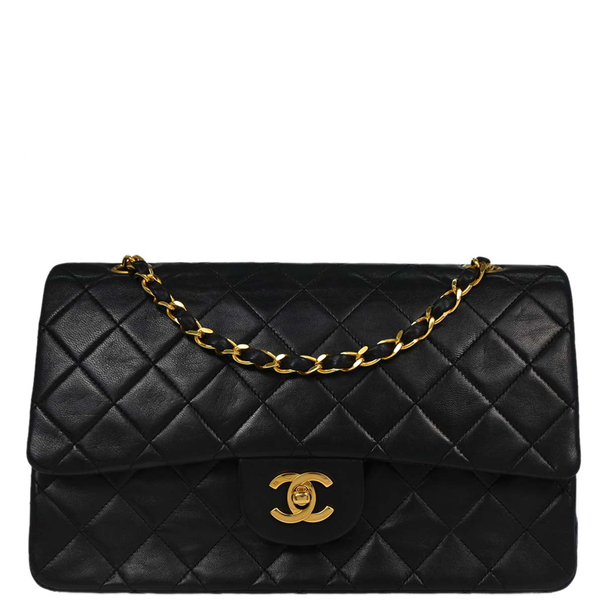 Chanel 1986-1988 Black Lambskin Medium Classic Double Flap Shoulder Bag
