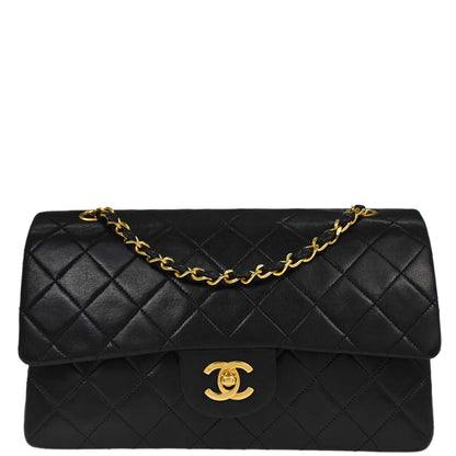 Chanel 1986-1988 Black Lambskin Medium Classic Double Flap Shoulder Bag