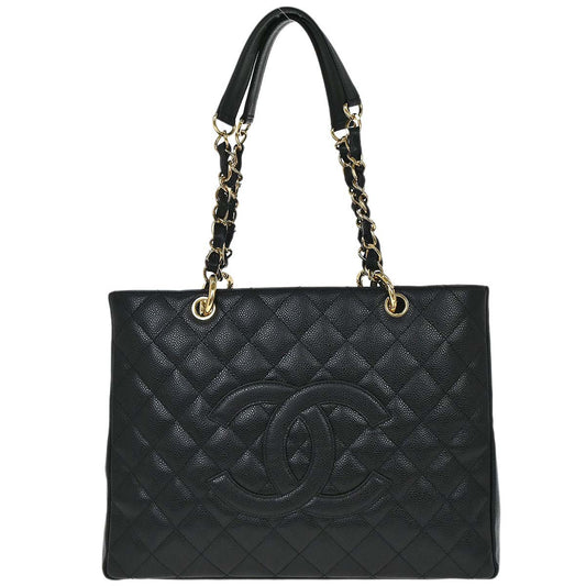 Chanel Black Caviar Skin Grand Shopping Tote GST Chain Handbag