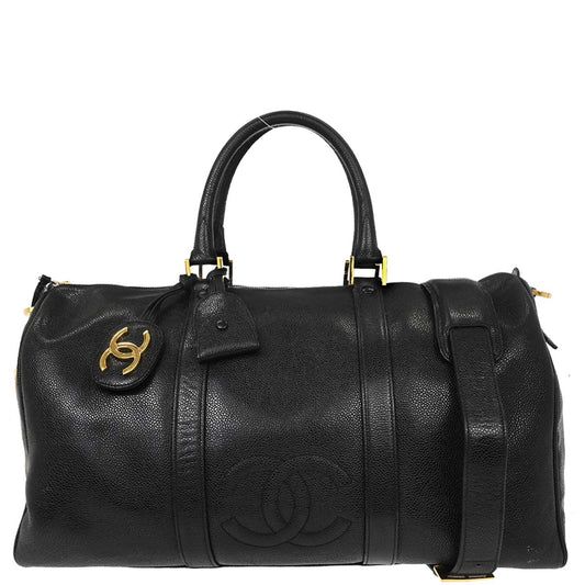 Chanel 1997-1999 Black Caviar Skin 2way Shoulder Duffle Handbag