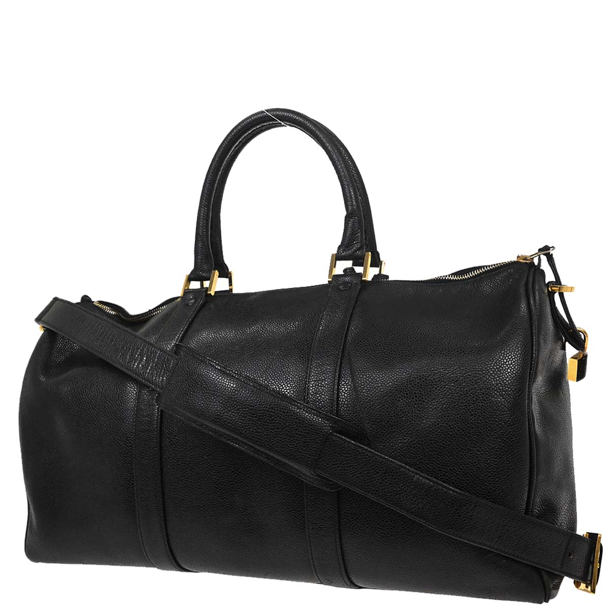 Chanel 1997-1999 Black Caviar Skin 2way Shoulder Duffle Handbag