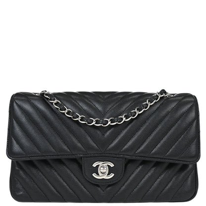 Chanel 2016-2017 Black Caviar Skin Chevron Medium Classic Double Flap Shoulder Bag
