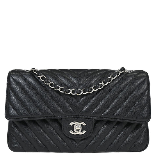 Chanel 2016-2017 Black Caviar Skin Chevron Medium Classic Double Flap Shoulder Bag
