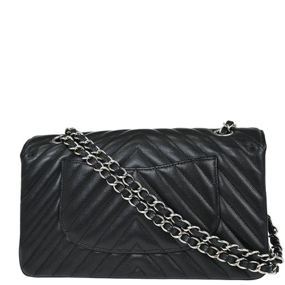 Chanel 2016-2017 Black Caviar Skin Chevron Medium Classic Double Flap Shoulder Bag