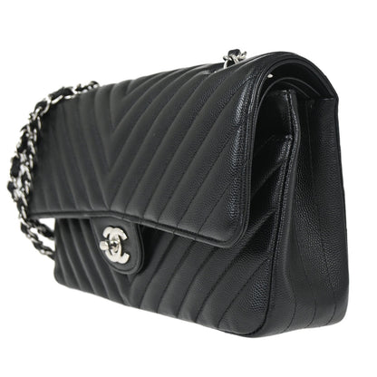 Chanel 2016-2017 Black Caviar Skin Chevron Medium Classic Double Flap Shoulder Bag