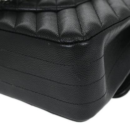 Chanel 2016-2017 Black Caviar Skin Chevron Medium Classic Double Flap Shoulder Bag
