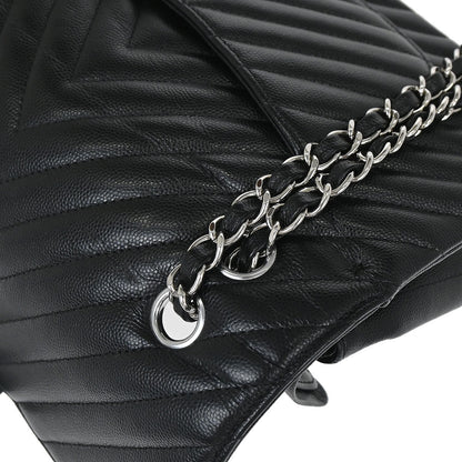 Chanel 2016-2017 Black Caviar Skin Chevron Medium Classic Double Flap Shoulder Bag