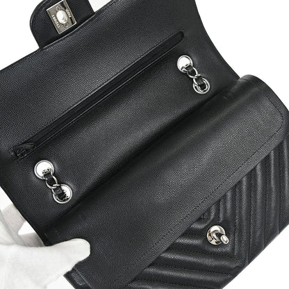 Chanel 2016-2017 Black Caviar Skin Chevron Medium Classic Double Flap Shoulder Bag