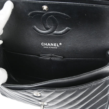 Chanel 2016-2017 Black Caviar Skin Chevron Medium Classic Double Flap Shoulder Bag