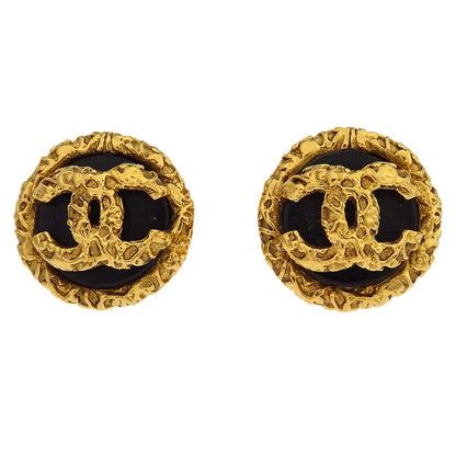 Chanel Button Clip-On Earrings Gold Black 93P