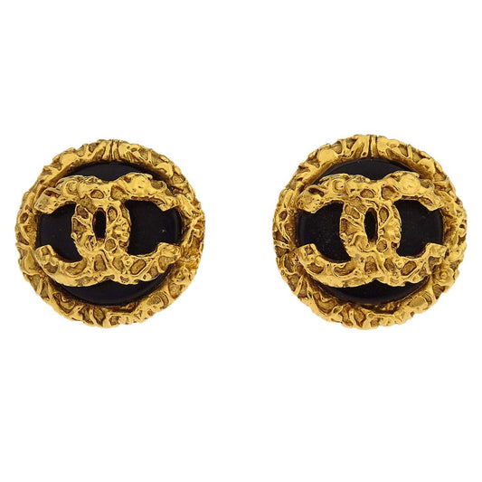 Chanel Button Clip-On Earrings Gold Black 93P