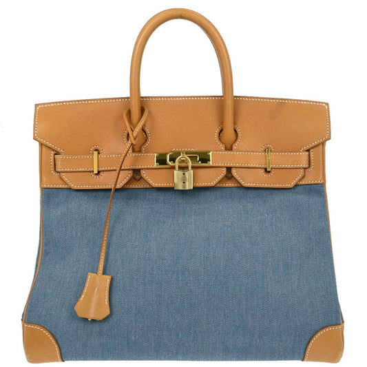 Hermes Blue Natural Toile Jean Vache Haut a Courroies 32 Handbag