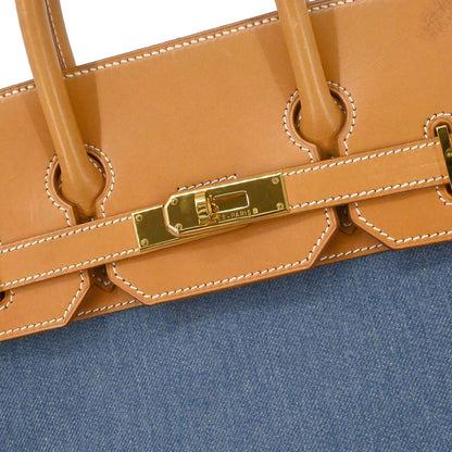 Hermes Blue Natural Toile Jean Vache Haut a Courroies 32 Handbag