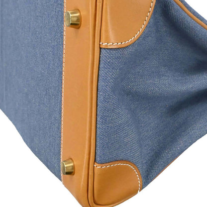Hermes Blue Natural Toile Jean Vache Haut a Courroies 32 Handbag