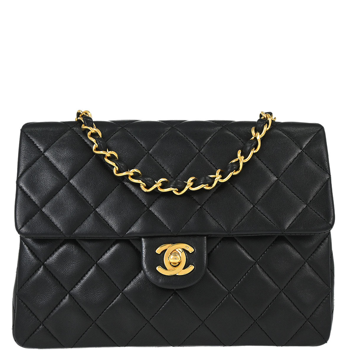 Chanel 1989-1991 Black Lambskin Classic Square Flap Shoulder Bag 20