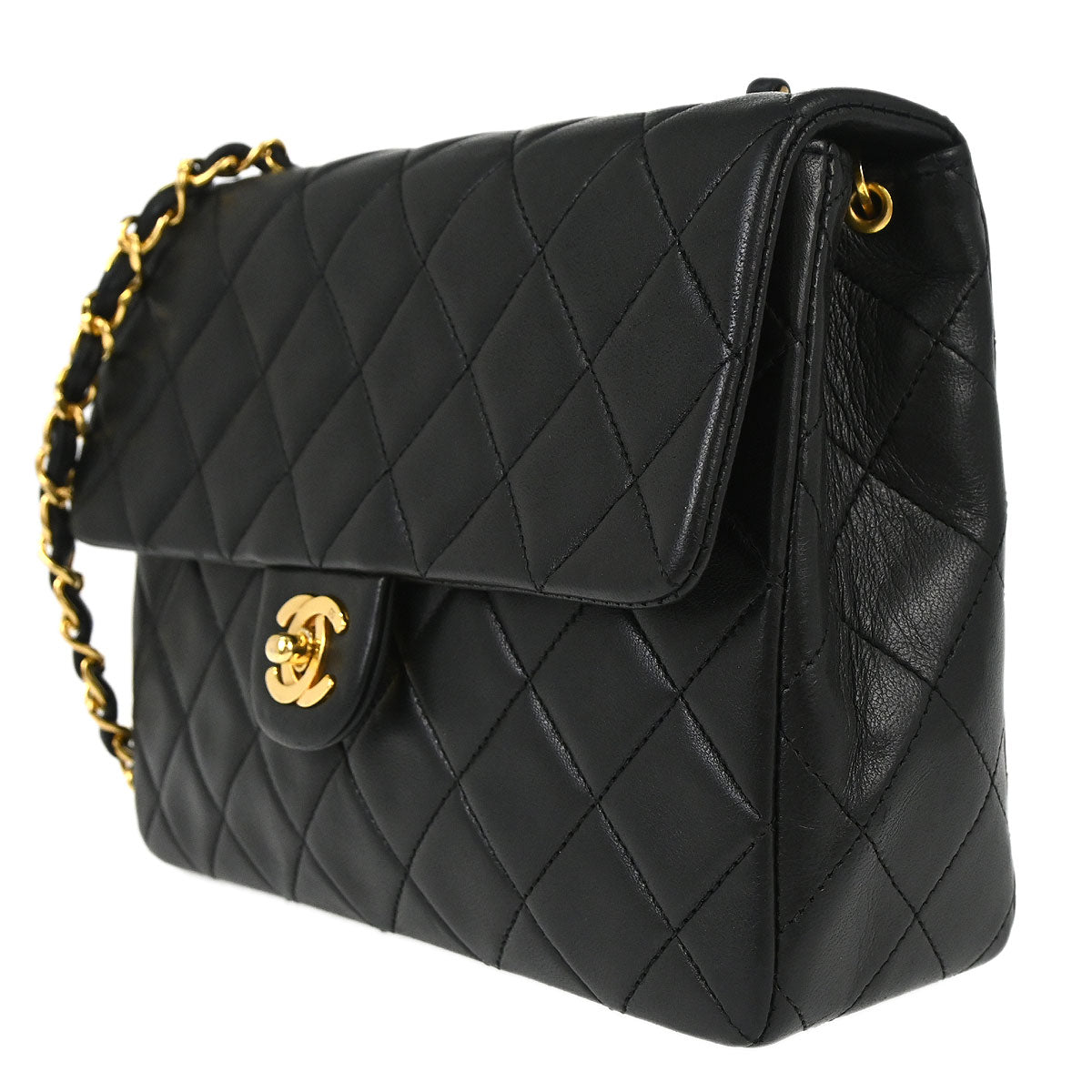 Chanel 1989-1991 Black Lambskin Classic Square Flap Shoulder Bag 20